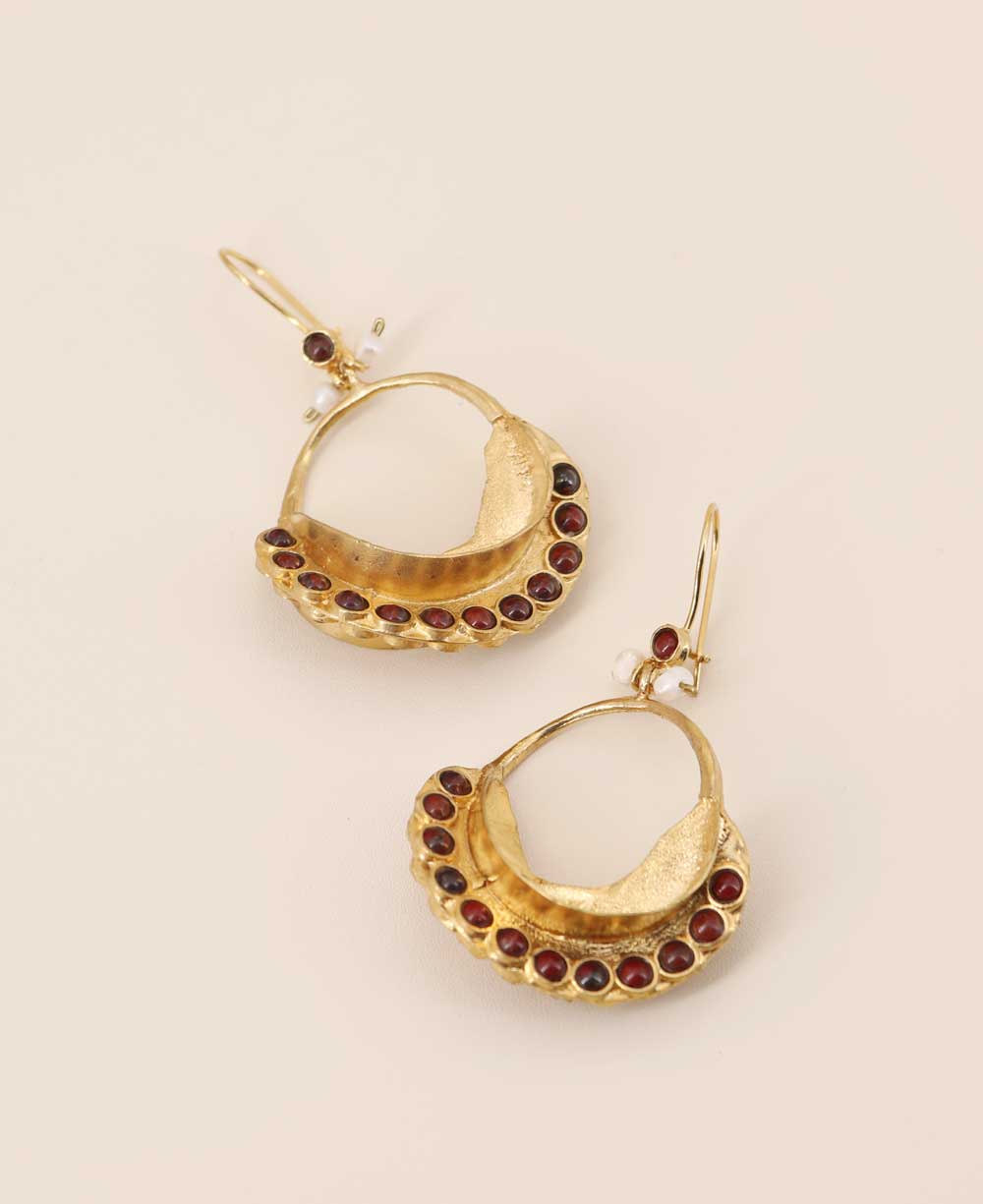 Gold Plate Hoop Earrings, with red agate beads, pearl accents