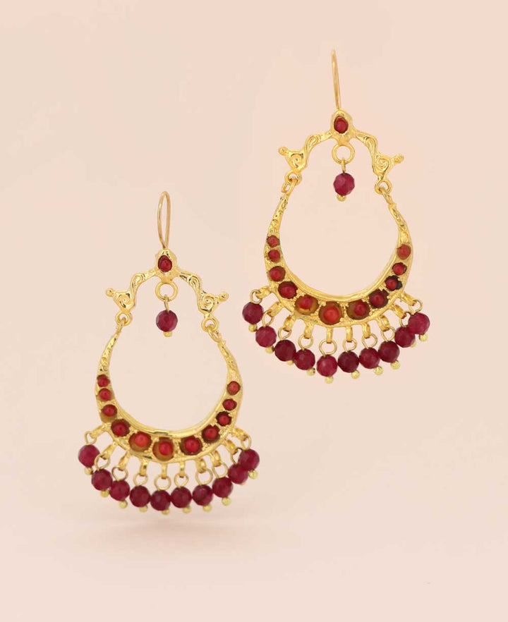 Unique U-Shaped Gold Earrings featuring Dangling Red Agate Beads and Secure Hook Closure