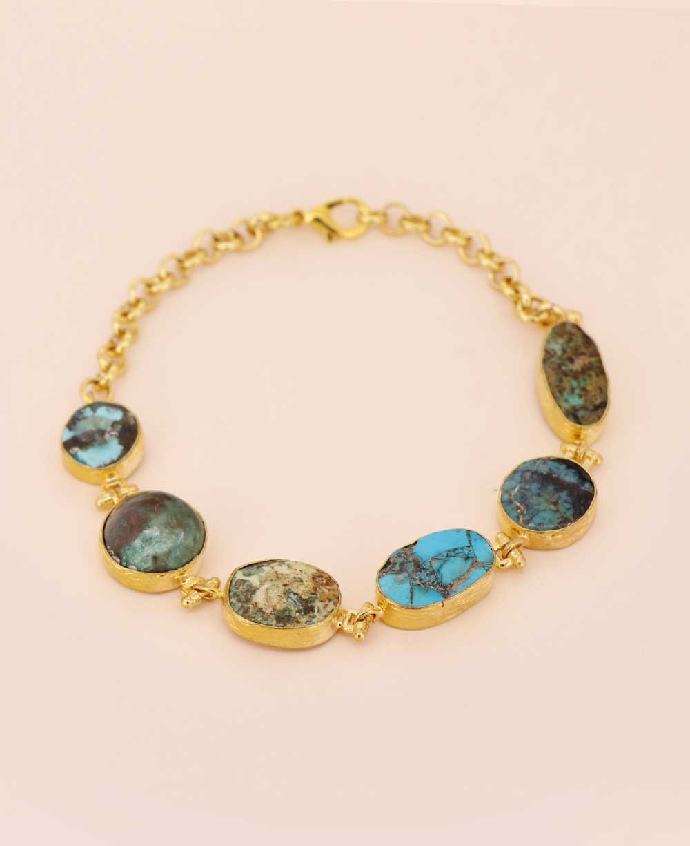 Unique Turquoise Gold Plated Brass Bracelet - Adjustable Length, Handcrafted in Turkey"