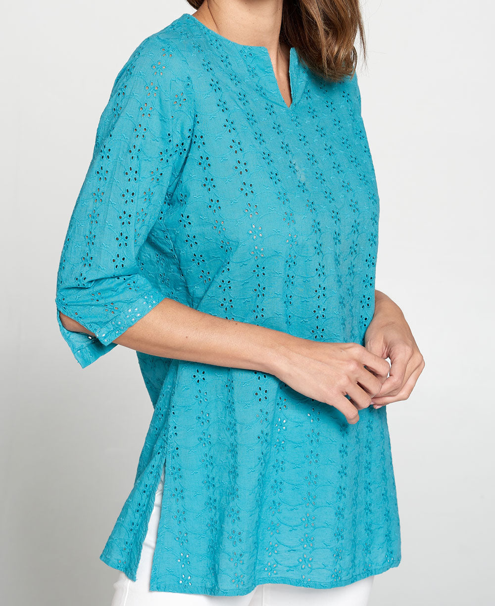 Turquoise Eyelet Cotton Tunic Shirt