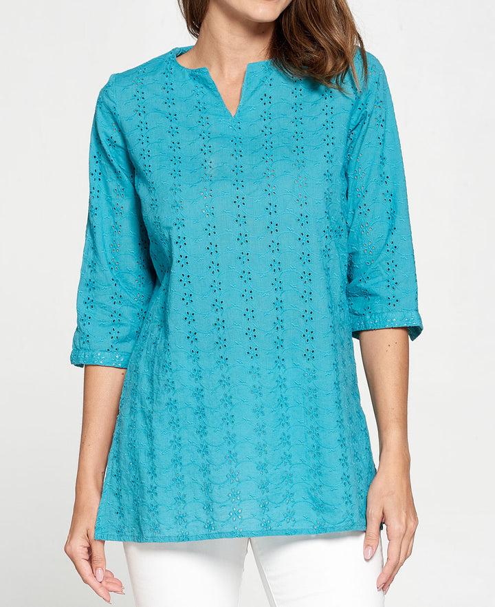 Turquoise Eyelet Cotton Tunic Shirt