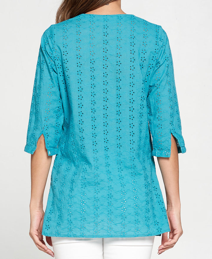 Turquoise Eyelet Cotton Tunic Shirt