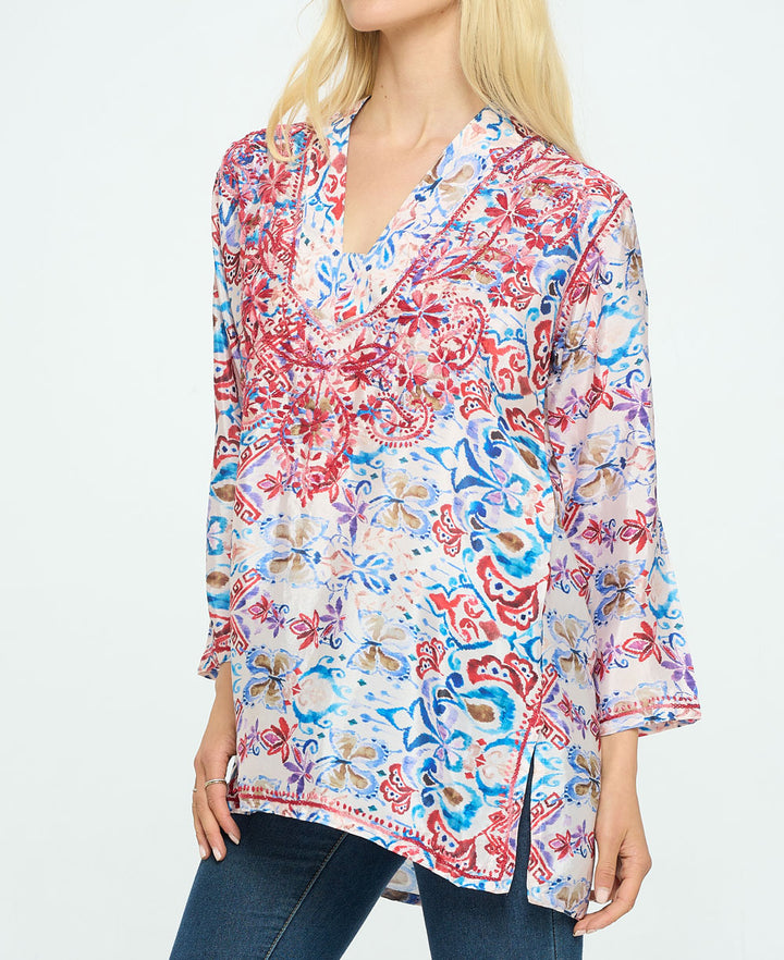 Embroidered Red White And Blue V Neck Tunic Top