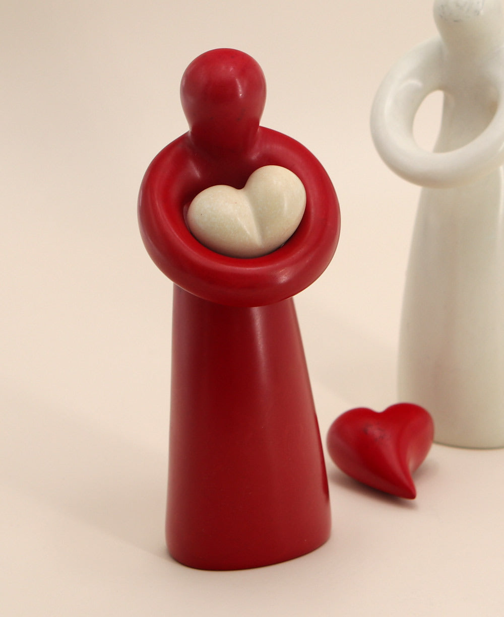 Soapstone Hugging Heart Sculpture in Red