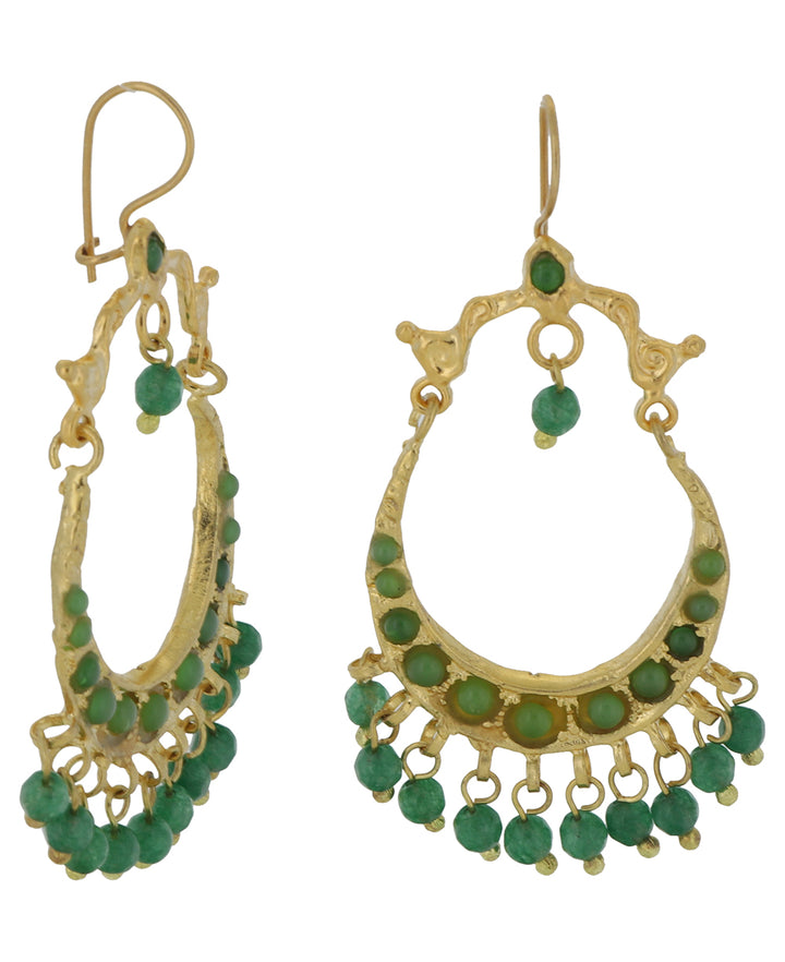 Green agate beads with gold plated brass dangle earrings in a horse shoe shape