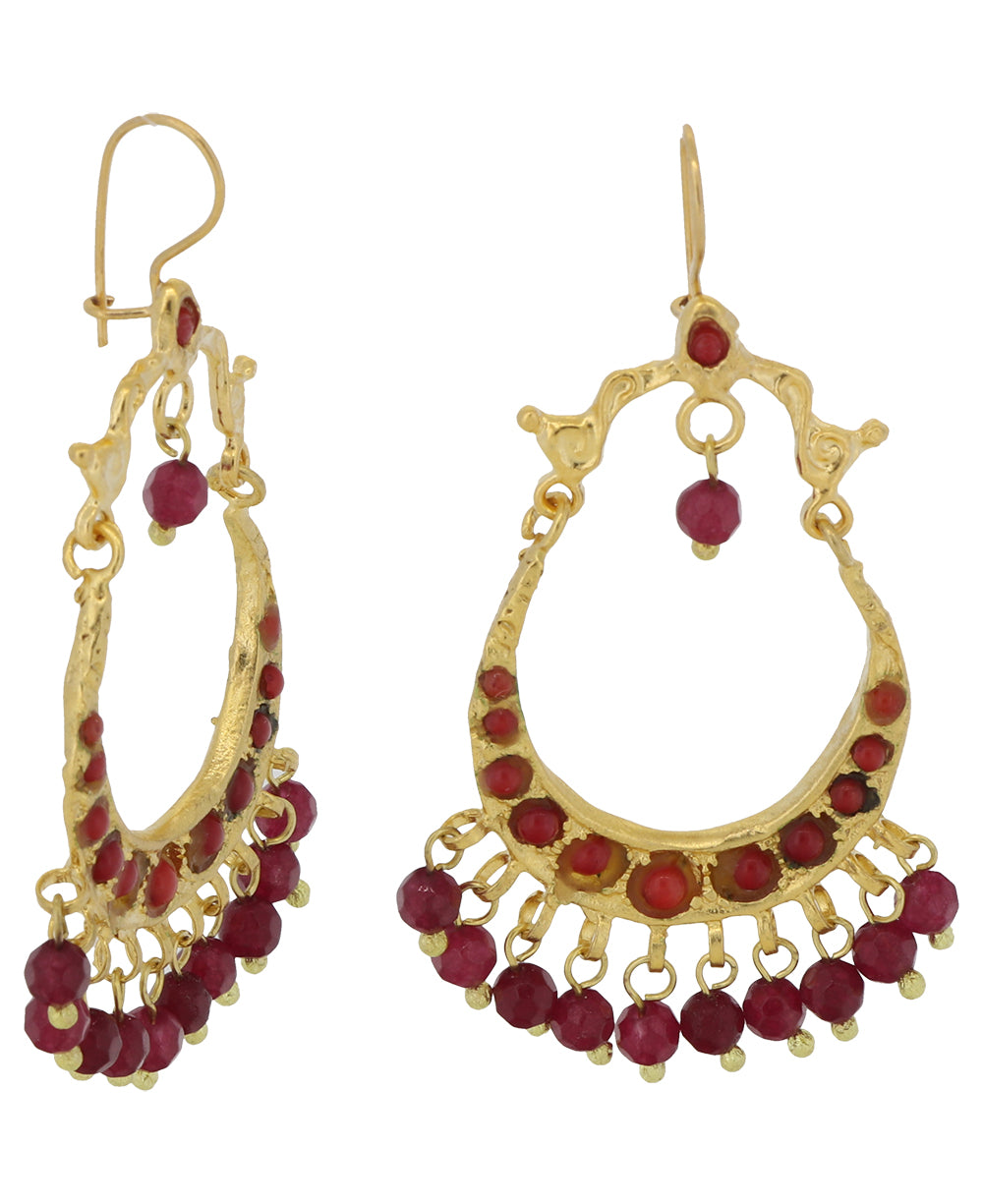 Unique U-Shaped Gold Earrings featuring Dangling Red Agate Beads and Secure Hook Closure