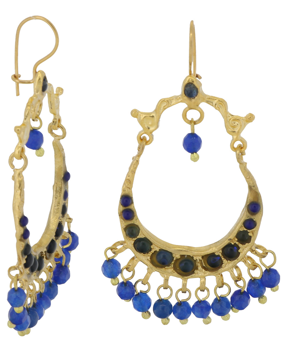 Dangling blue and gold earrings, gold plated brass, hook closure