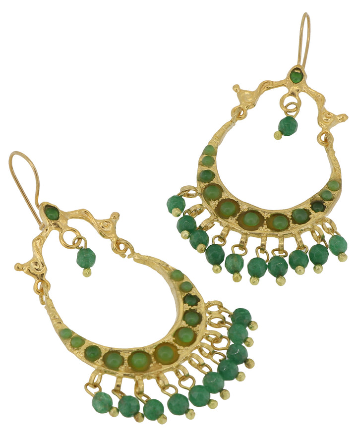 Turkish dangle earrings in gold plated brass with green agate beads