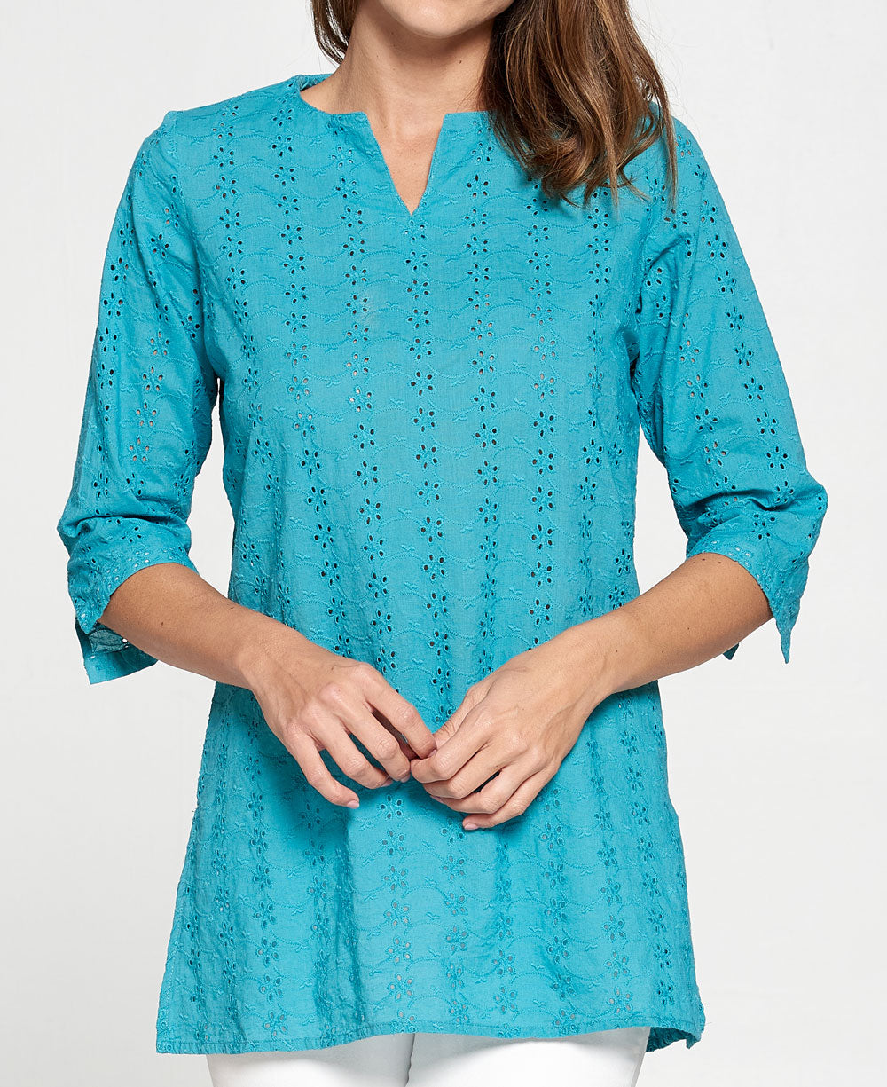 Turquoise Eyelet Cotton Tunic Shirt