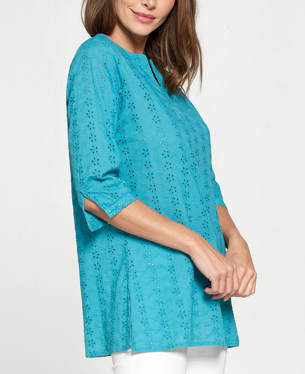 Turquoise Eyelet Cotton Tunic Shirt